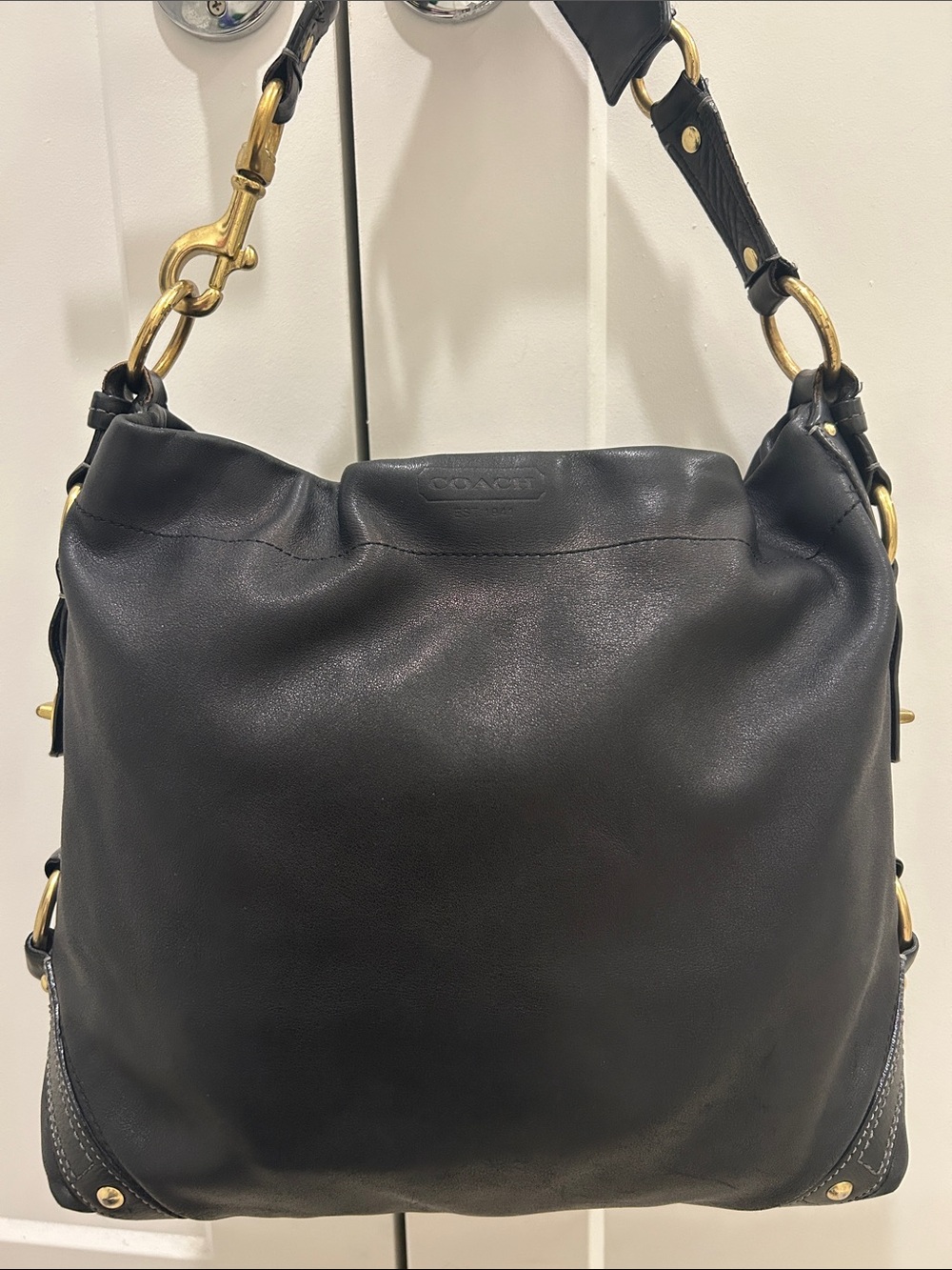 Coach Carly Hobo Bag in Black Leather with Gold Hardware & Turnlocks #1